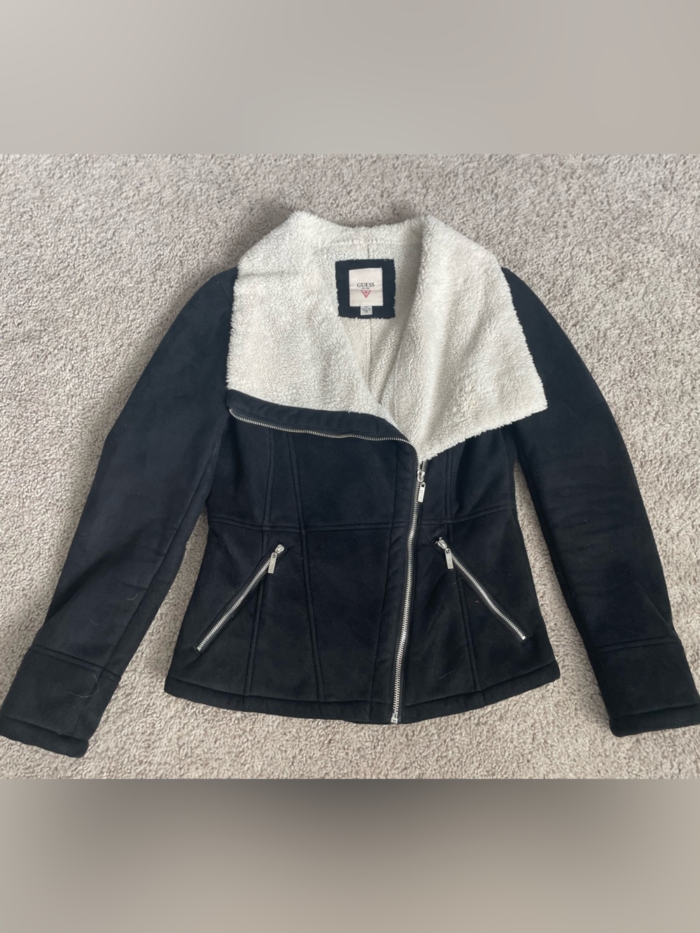 GUESS Black Faux Suede Sherpa Lined Asymmetrical Zip Moto Jacket S / P